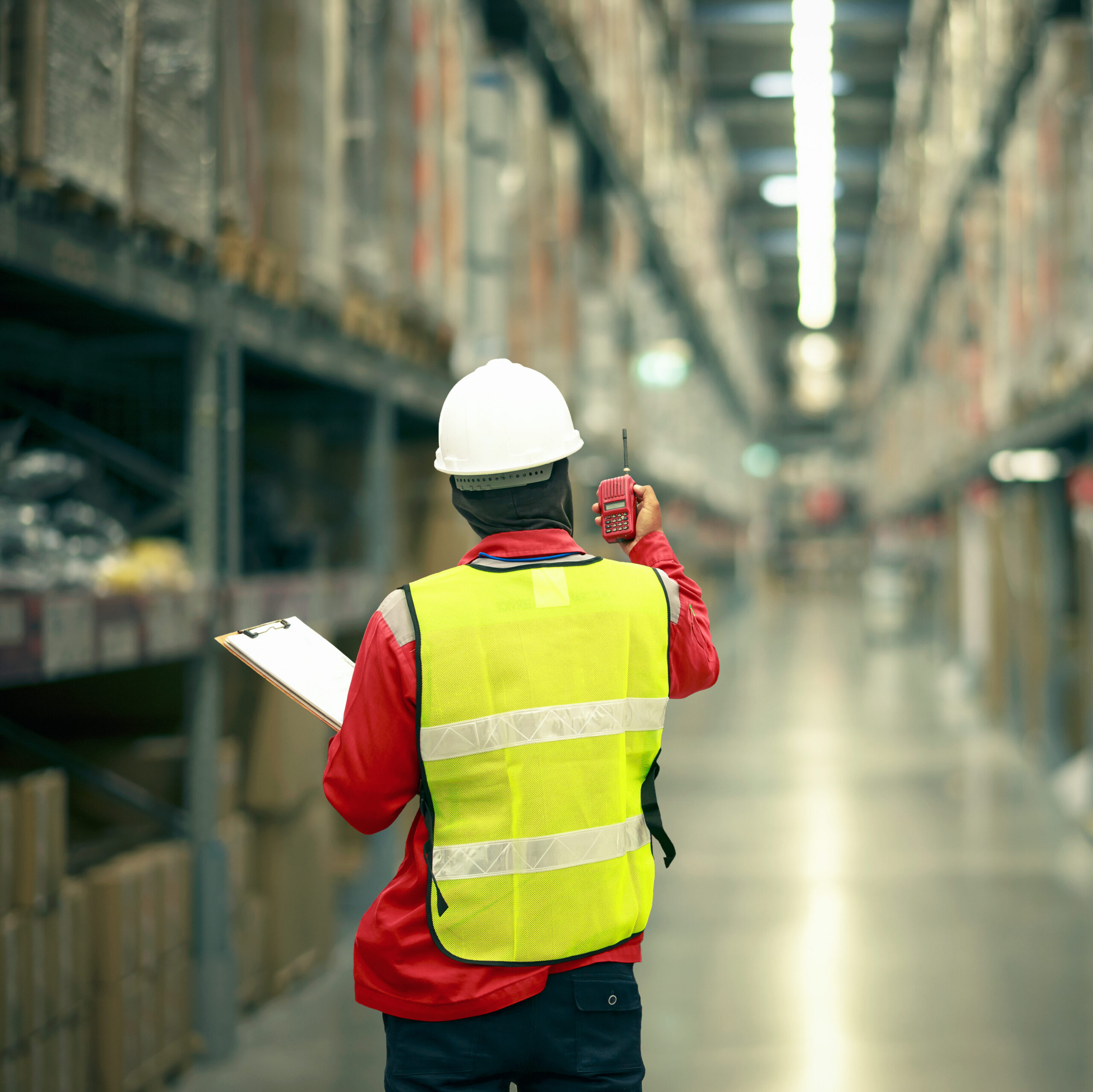 A warehouse holding a radio for communication.