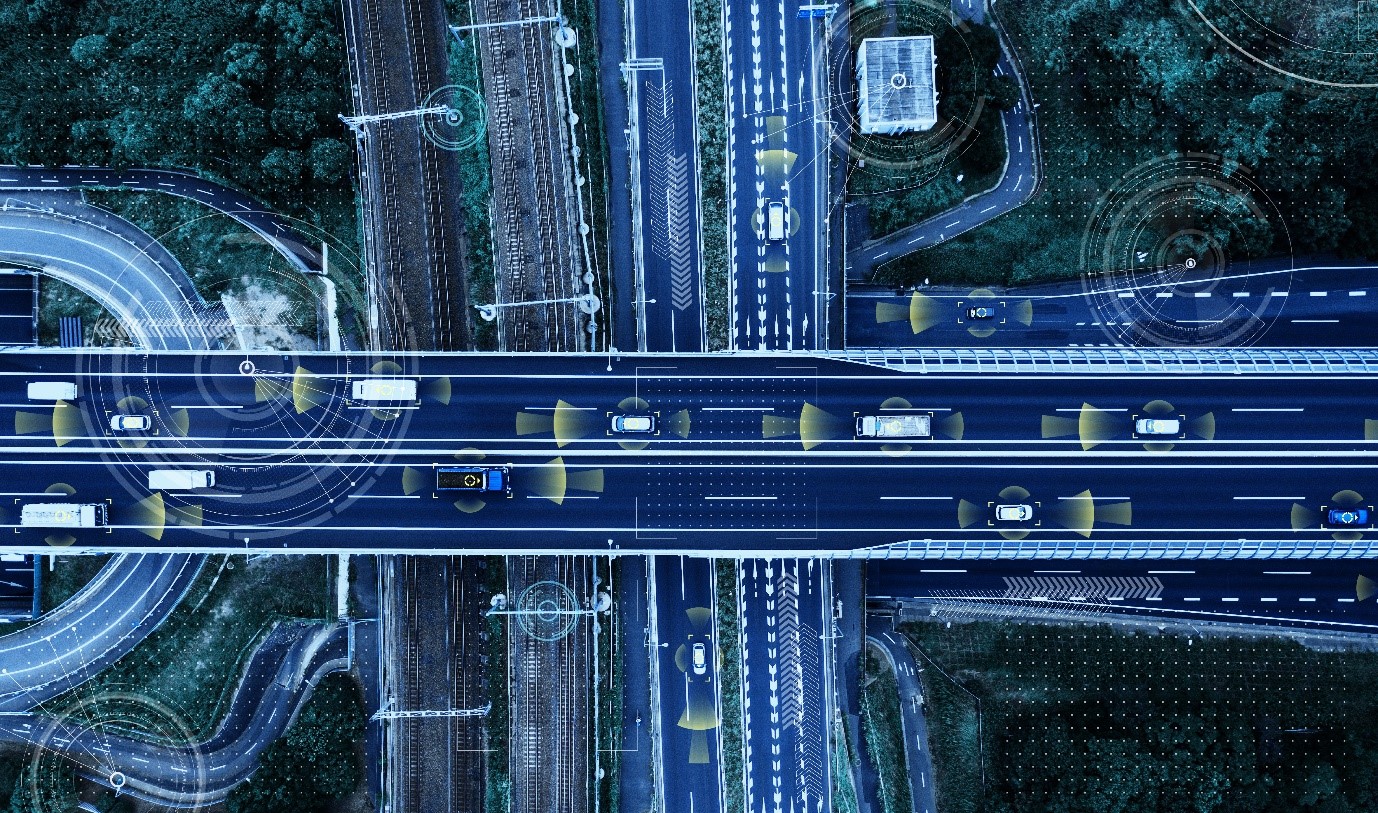 A satellite image tracking the vehicles on a highway.